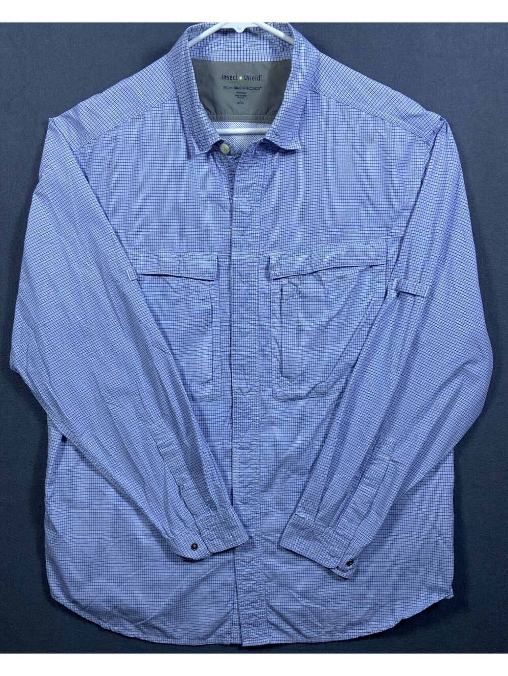 ExOfficio Insect Shield Mens Large Long Sleeve Blue Plaid Button Down Shirt EUC!